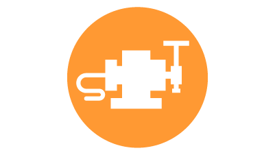Icono blanco de un medidor de herramienta para inspección de automatización industrial durante el proceso rodeado por un círculo naranja