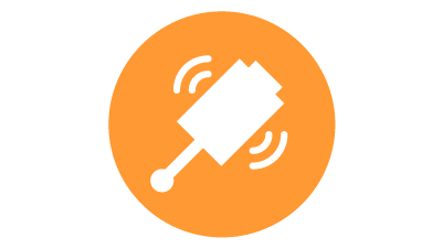 Bílá ikona rádiové sondy pro mezioperační snímání v průmyslové automatizaci uvnitř oranžového kruhu