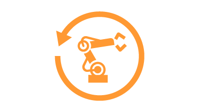 Oranžová ikona průmyslového robotu uvnitř kruhu se šipkou