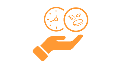 Oranžová ikona ruky držící hodinky a tři mince